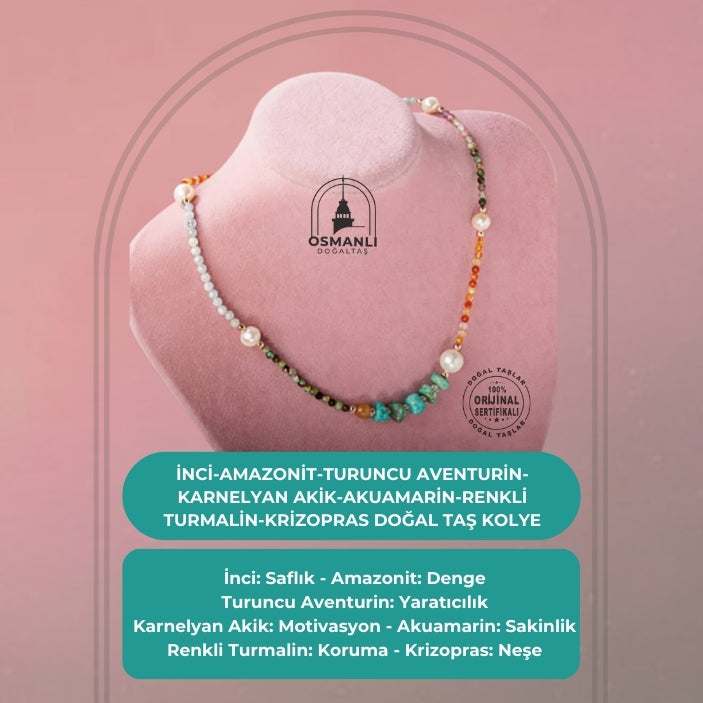 İnci-Amazonit-Turuncu Aventurin-Karnelyan Akik-Akuamarin-Renkli Turmalin-Krizopras Doğal Taş Kolye