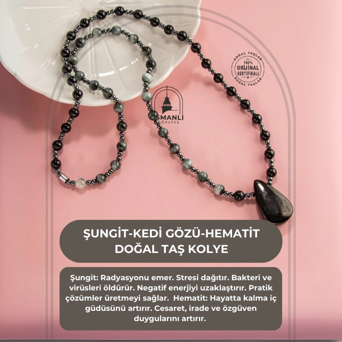 Şungit-Kedi Gözü-Hematit Doğal Taş Kolye