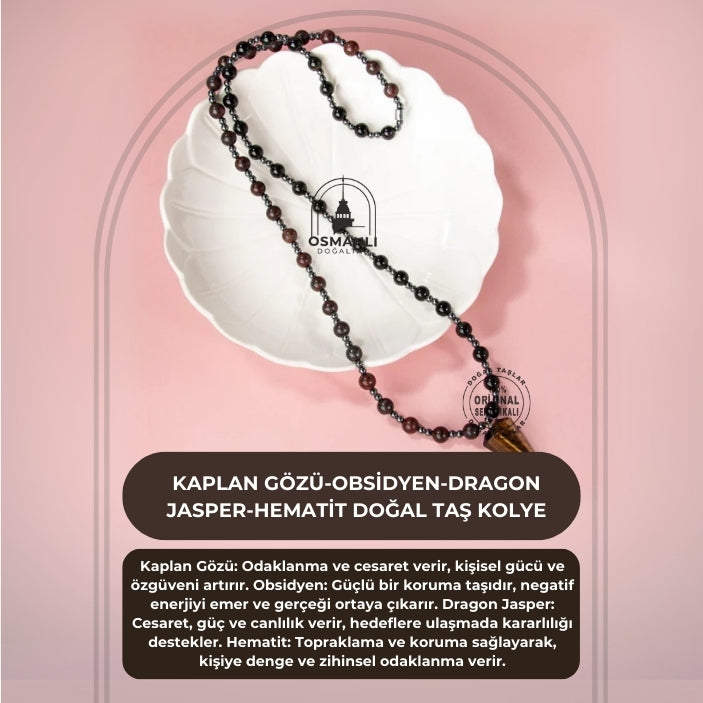 Kaplan Gözü-Obsidyen-Dragon Jasper-Hematit Doğal Taş Kolye