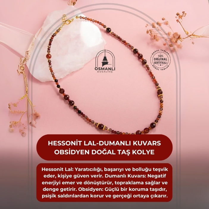Hessonit Lal-Dumanlı Kuvars-Obsidyen Doğal Taş Kolye