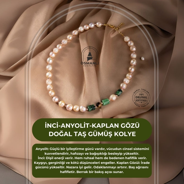 İnci-Anyolit-Kaplan Gözü Doğal Taş Gümüş Kolye