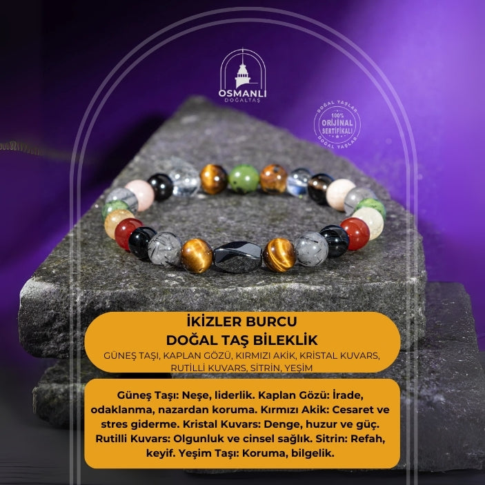İkizler Burcu Bileklik Güneş Taşı, Kaplan Gözü, Kırmızı Akik, Kristal Kuvars, Rutilli Kuvars, Sitrin, Yeşim