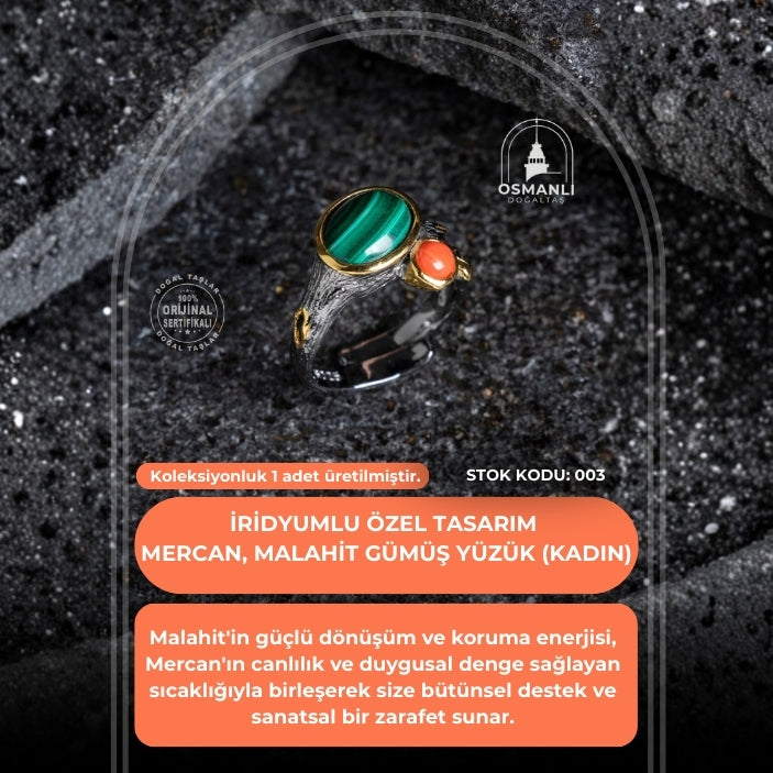 Sertifikalı İridyumlu Mercan, Malahit Özel Tasarım Gümüş Yüzük (Kadın) (SK:003)