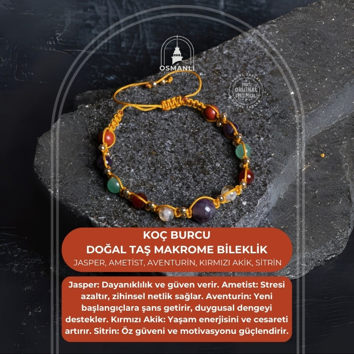 Sertifikalı  Doğal Taş Makrome Bileklik-Koç Burcu