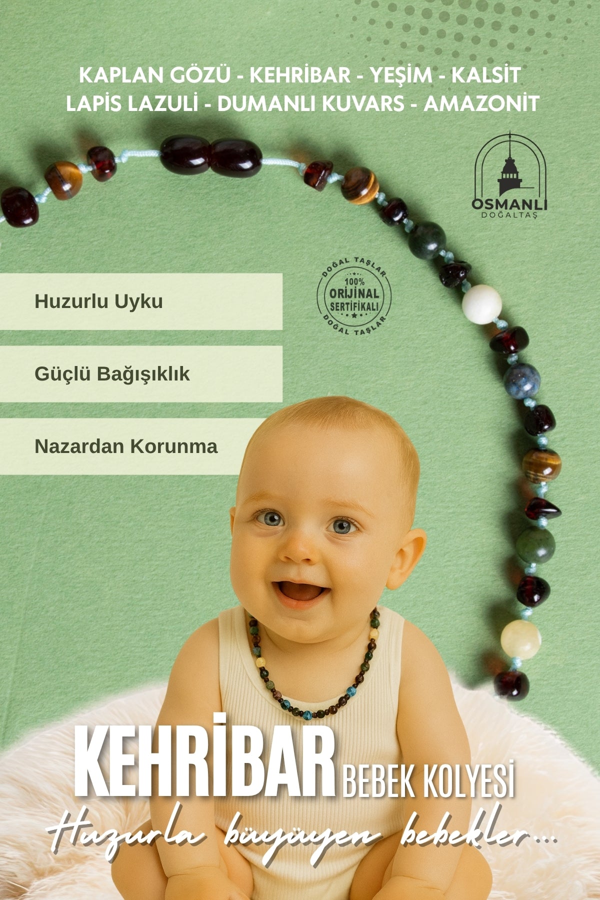 Sertifikalı Bebek  Doğal Taş Kolye 33-35cm