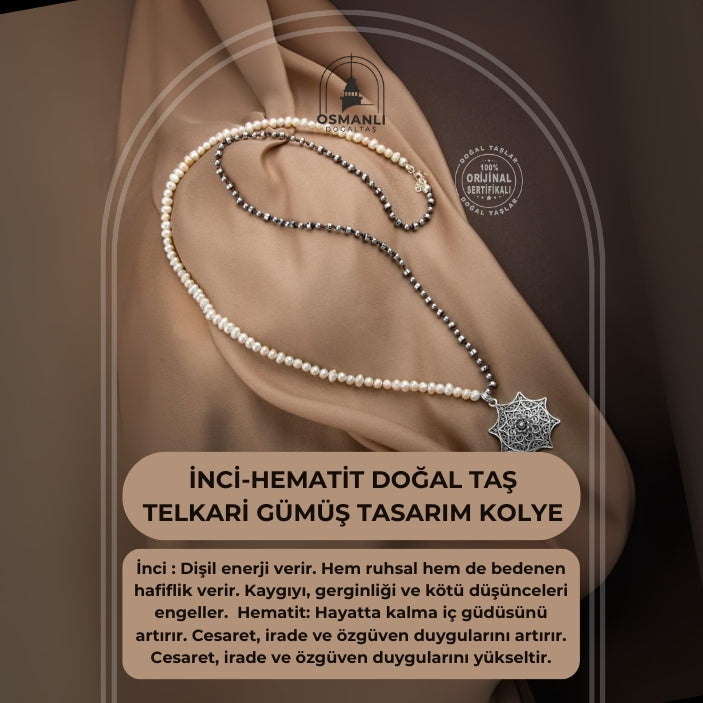 İnci-Hematit Doğal Taş Telkari Gümüş Tasarım Kolye