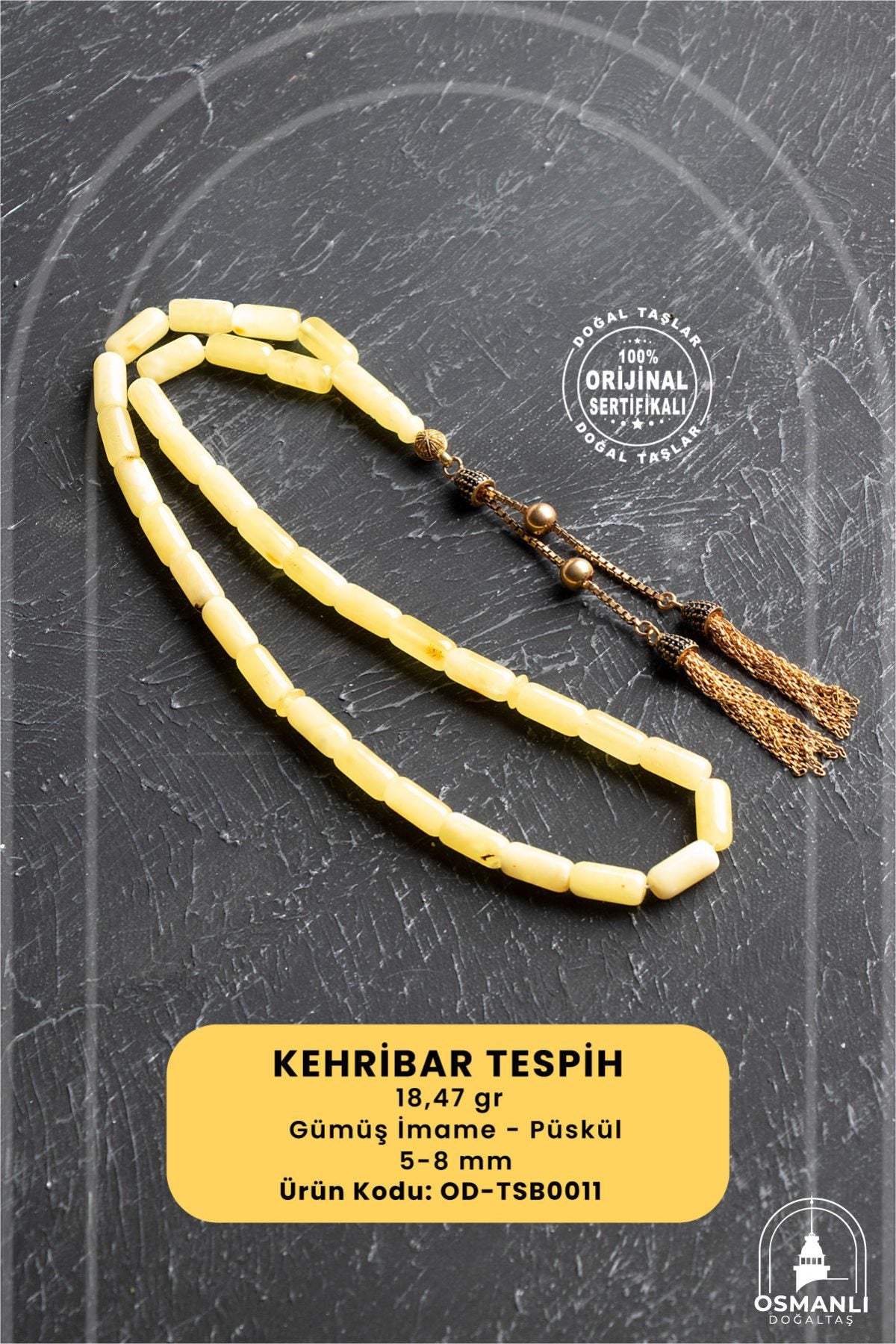 Sertifikalı 5-10 mm Silindir Kesim Gold Eskitme Kaplamalı Gümüş İmame ve Püsküllü Kehribar Tesbih - 18,47 gr