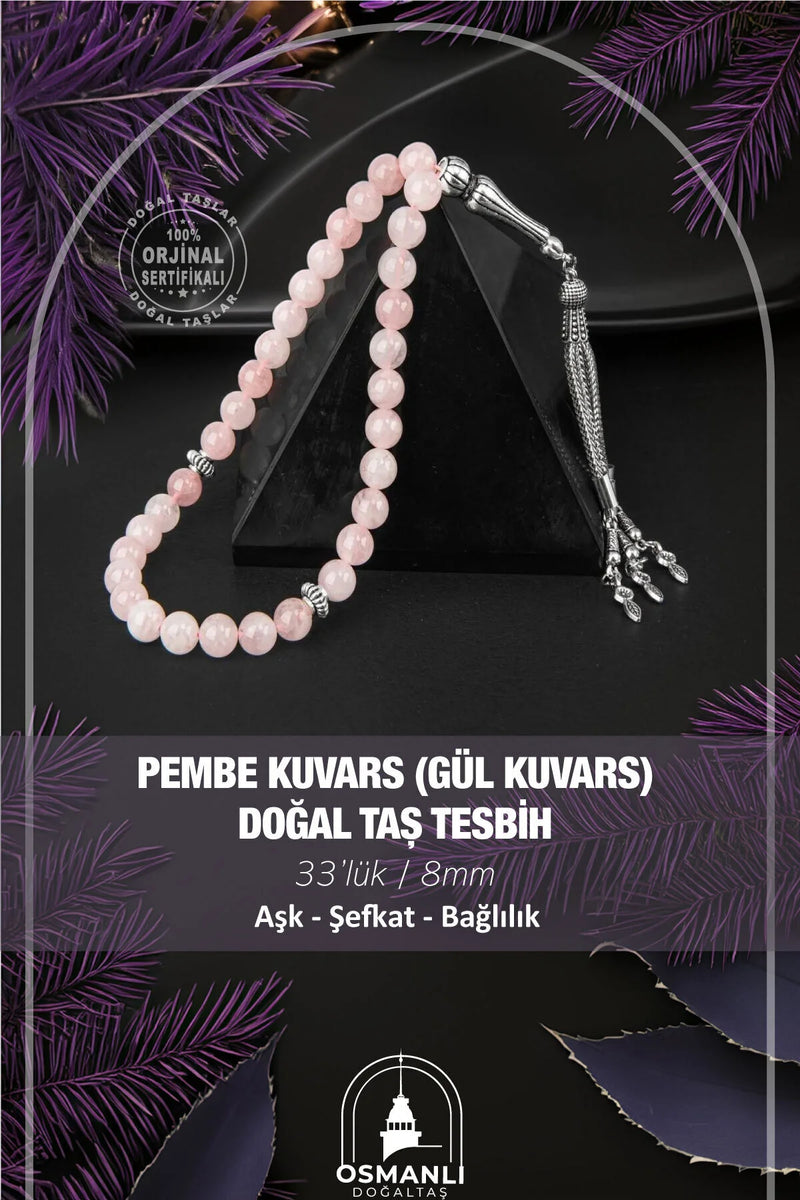 Pembe Kuvars (Gül Kuvars) Doğal Taş Tesbih 33lük - 8mm