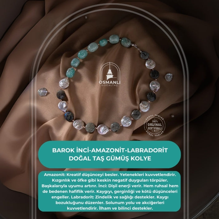 Barok İnci-Amazonit-Labradorit Doğal Taş Gümüş Kolye