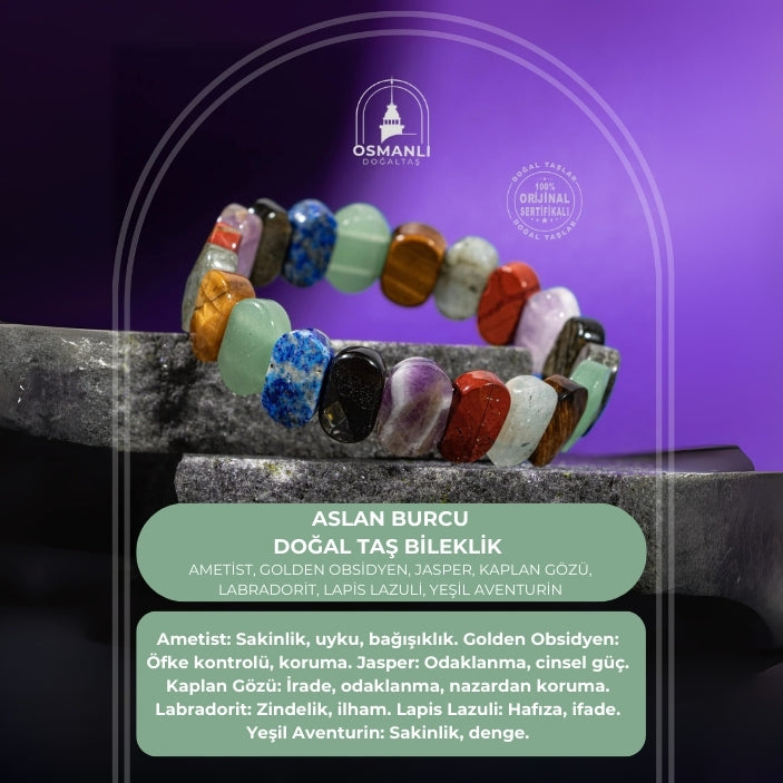 Aslan Burcu Bileklik Ametist, Golden Obsidyen, Jasper, Kaplan Gözü, Labradorit, Lapis Lazuli, Yeşil Aventurin