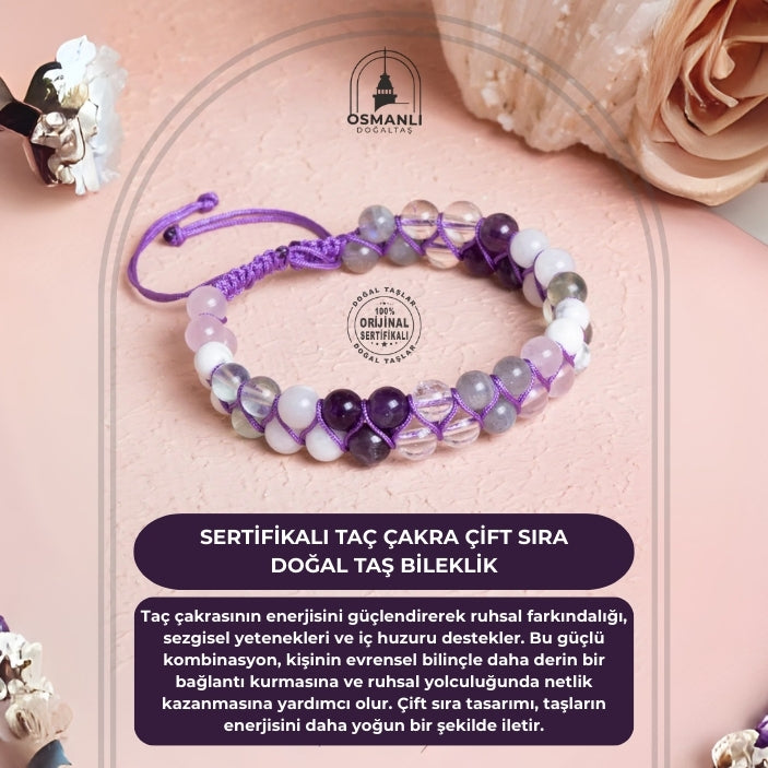 Sertifikalı Taç Çakra Çift Sıra Doğal Taş Makrome Bileklik