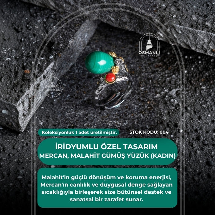 Sertifikalı İridyumlu Malahit, Mercan Özel Tasarım Gümüş Yüzük (Kadın) (SK:004)