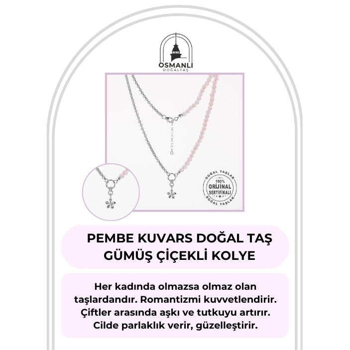 Pembe Kuvars Doğal Taş Gümüş Çiçekli Kolye - 50cm