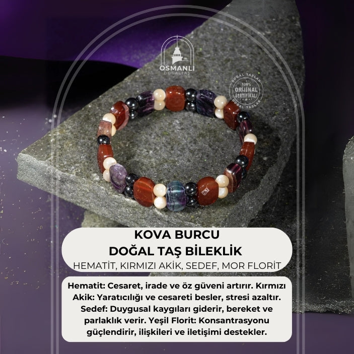 Kova Burcu Bileklik Hematit, Kırmızı Akik, Sedef, Mor Florit