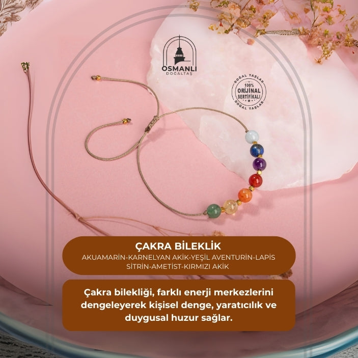 Çakra-Akuamarin-Karnelyan Akik-Yeşil Aventurin-Lapis-Sitrin-Ametist-Kırmızı Akik Doğal Taş Bileklik