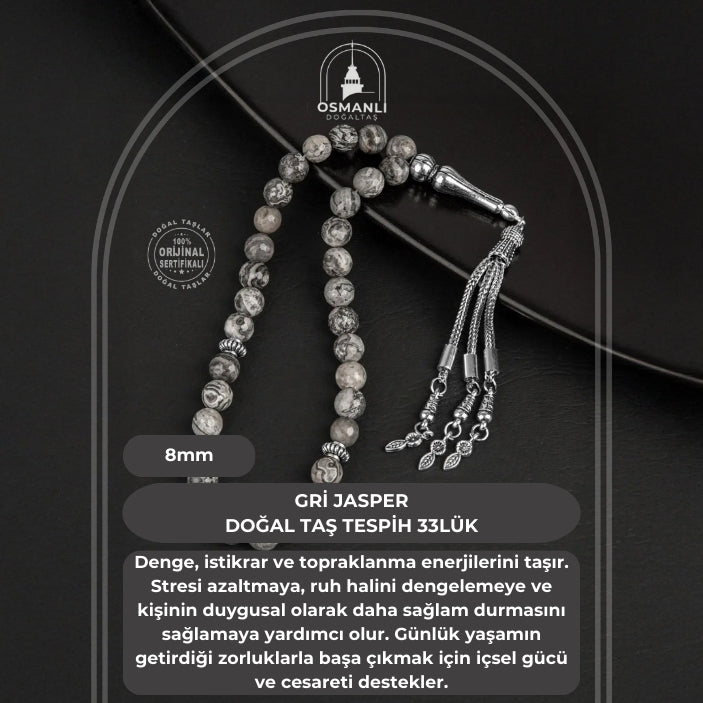 Gri Jasper Doğal Taş Tesbih 33lük - 8mm