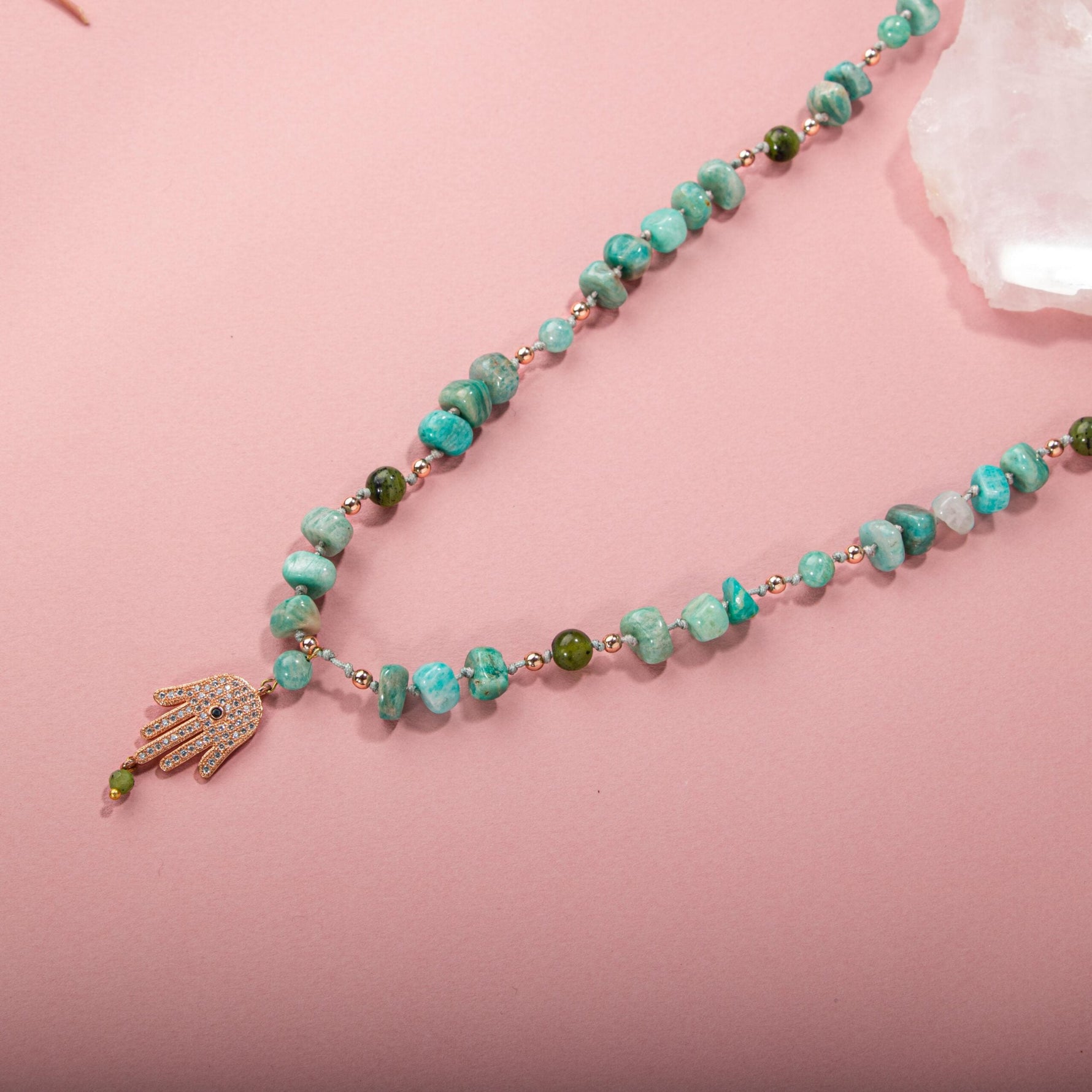 Amazonit-Yeşim Doğal Taş Hamsa Fatıma Eli Altın Kaplama Kolye