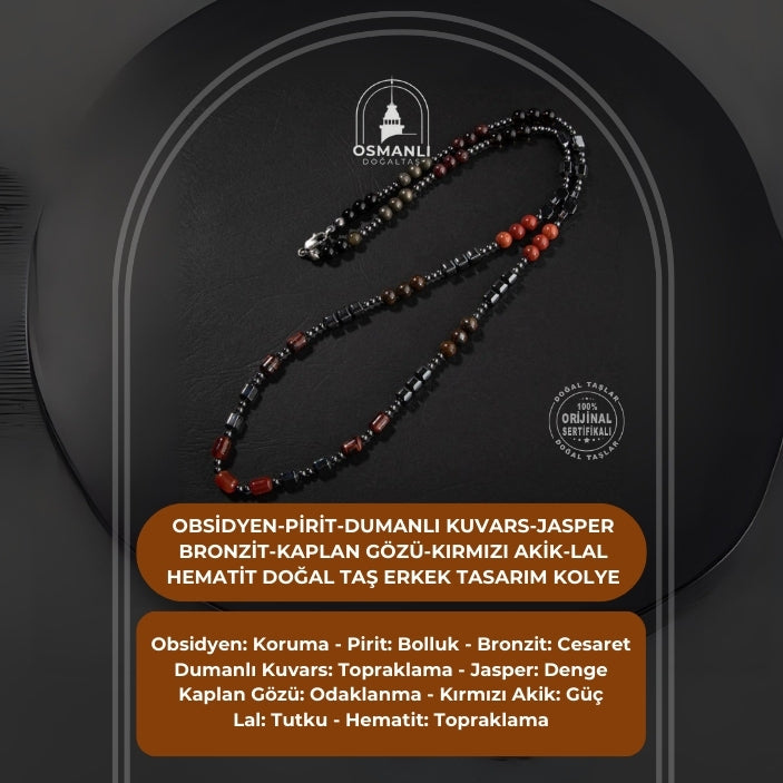 Obsidyen-Pirit-Dumanlı Kuvars-Jasper-Bronzit-Kaplan Gözü-Kırmızı Akik-Lal Taşı-Hematit Doğal Taş Erkek Tasarım Kolye