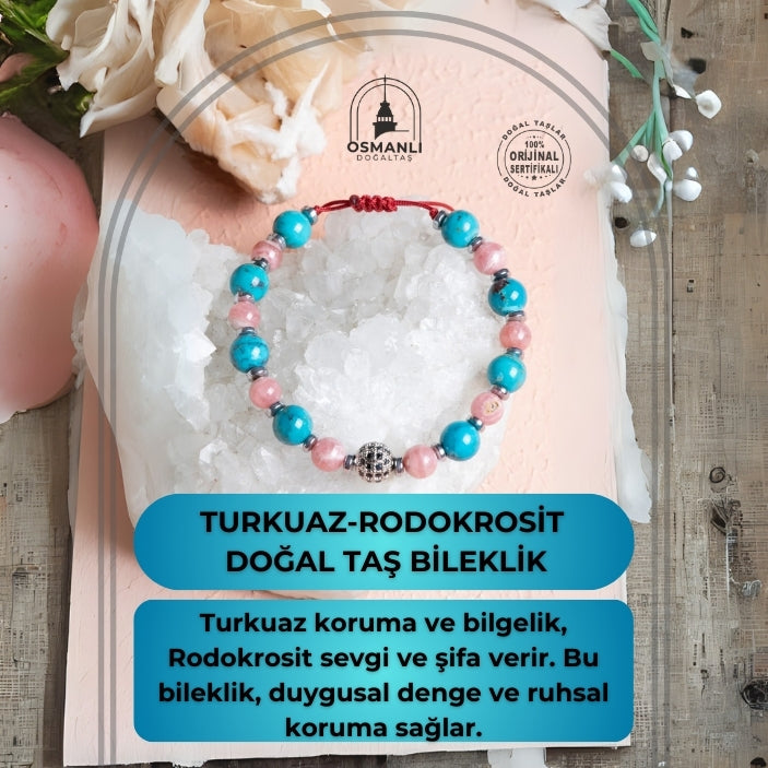 Sertifikalı Turkuaz, Rodokrozit Doğal Taş Makrome Bileklik