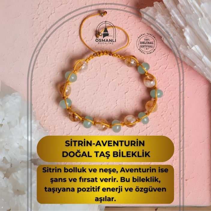 Sertifikalı Sitrin, Aventurin Doğal Taş Makrome Bileklik