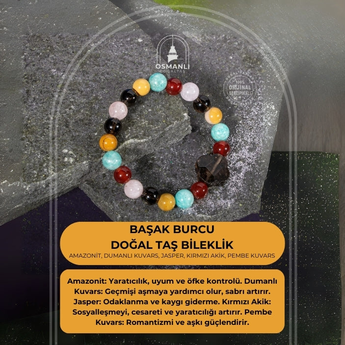Başak Burcu Bileklik Amazonit, Dumanlı Kuvars, Jasper, Kırmızı Akik, Pembe Kuvars
