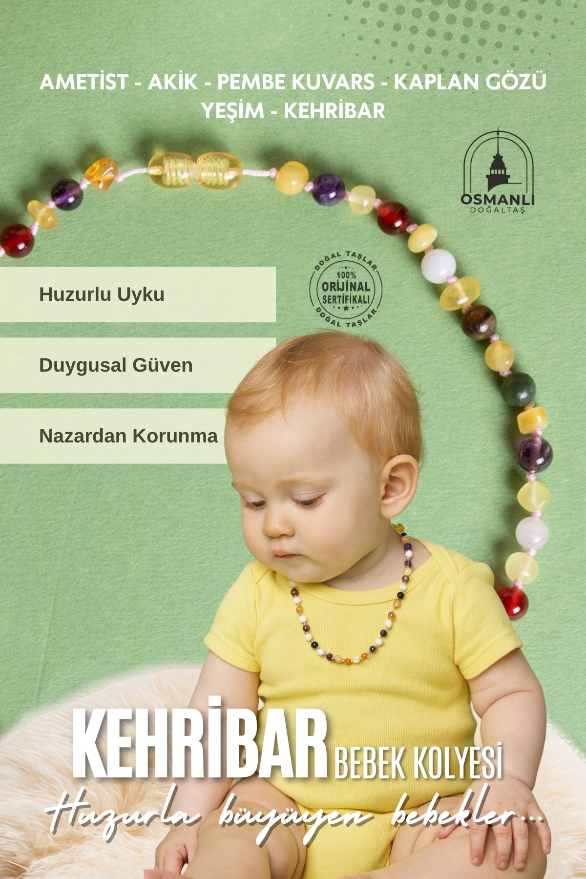 Sertifikalı Doğal Taş Bebek Kolye - Kehribar, Yeşim, Kaplan Gözü, Ametist, Pembe Kuvars, Akik