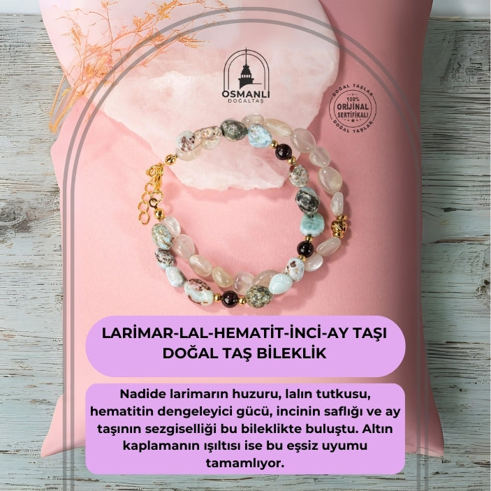 Larimar-Lal-Hematit-İnci-Ay Taşı Altın Kaplama Doğal Taş Bileklik