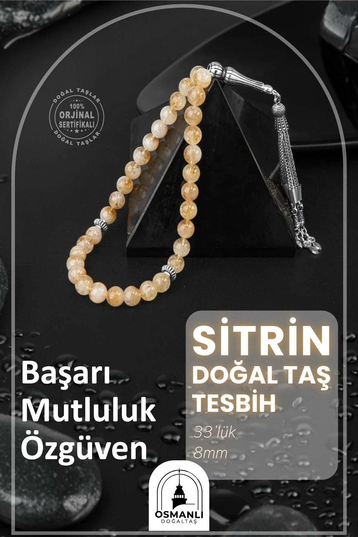 Sitrin Doğal Taş Tesbih 33lük - 8mm