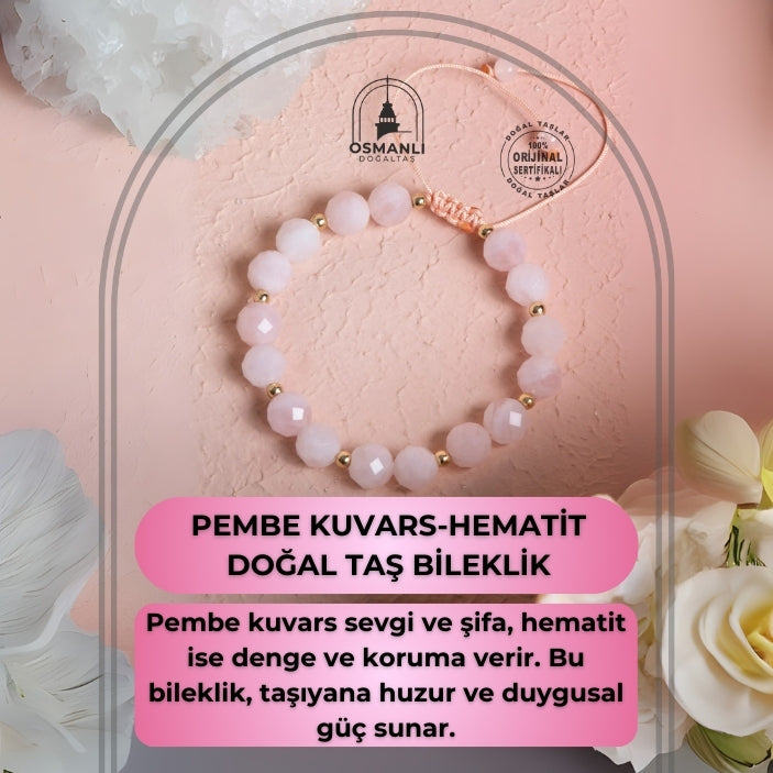 Sertifikalı Pembe Kuvars, Hematit Fasetli Doğal Taş Makrome Bileklik