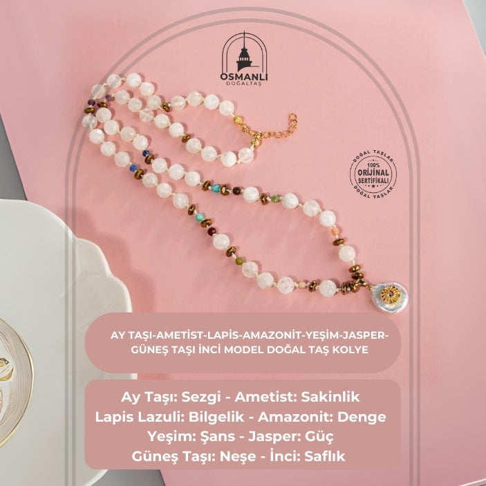 Ay Taşı-Ametist-Lapis-Amazonit-Yeşim-Jasper-Güneş Taşı İnci Model Doğal Taş Kolye