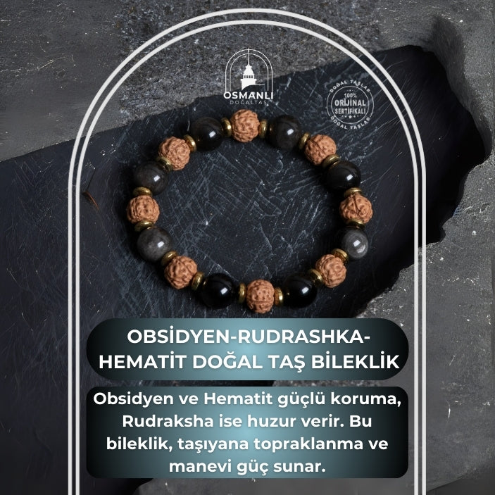 Sertifikalı Obsidyen, Rudrashka, Hematit Doğal Taş Bileklik