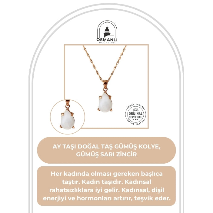 Ay Taşı Doğal Taş Gümüş Kolye, Gümüş Sarı Zincir