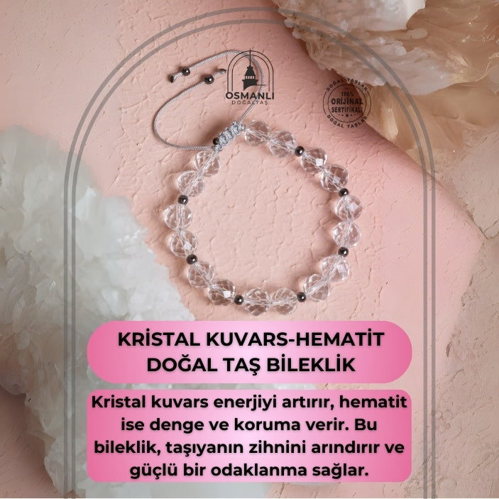 Sertifikalı Kristal Kuvars, Hematit Fasetli Doğal Taş Makrome Bileklik