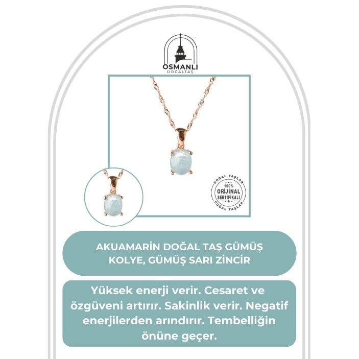 Akuamarin Doğal Taş Gümüş Kolye, Gümüş Sarı Zincir
