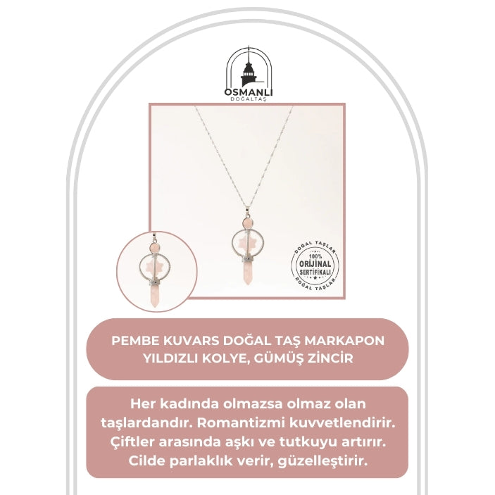 Pembe Kuvars Doğal Taş Markapon Yıldızlı Kolye, Gümüş Zincir