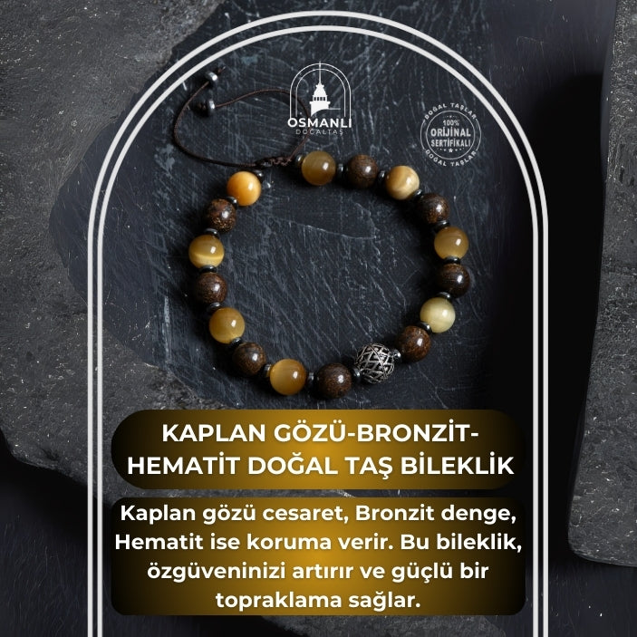 Sertifikalı Kaplan Gözü, Bronzit, Hematit Doğal Taş Makrome Bileklik