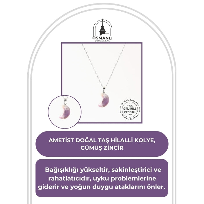 Ametist Doğal Taş Hilalli Kolye, Gümüş Zincir