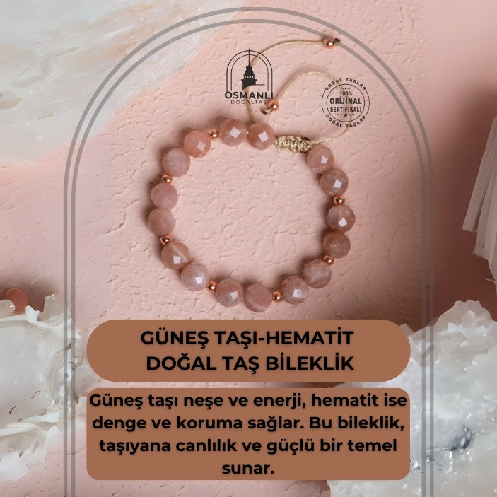 Sertifikalı Güneş Taşı, Hematit Doğal Taş Makrome Bileklik