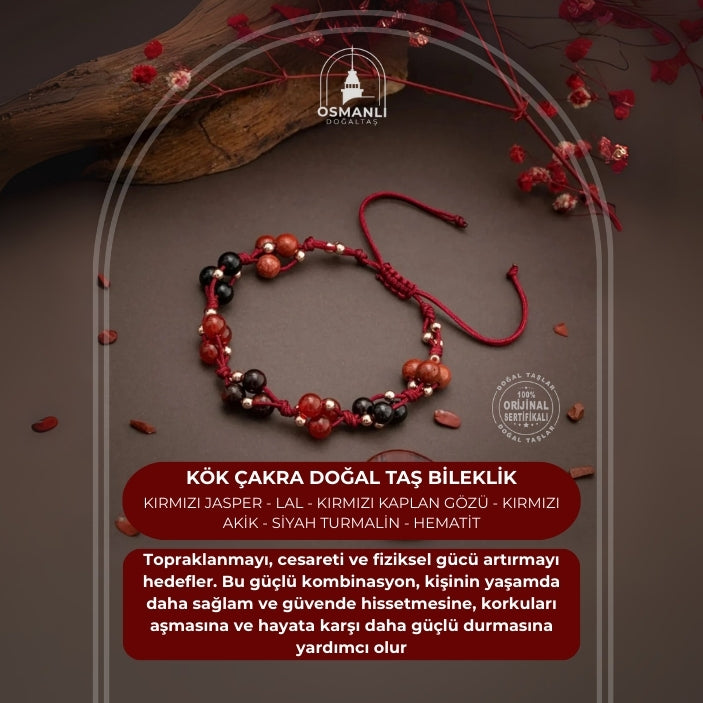 Kök Çakra Doğal Taş Bileklik - Kırmızı Jasper - Lal - Kırmızı Kaplan Gözü - Kırmızı Akik - Siyah Turmalin - Hematit