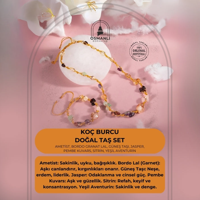 Koç Burcu Kolye Bileklik Seti Ametist, Bordo Granat Lal, Güneş Taşı, Jasper, Pembe Kuvars, Sitrin, Yeşil Aventurin