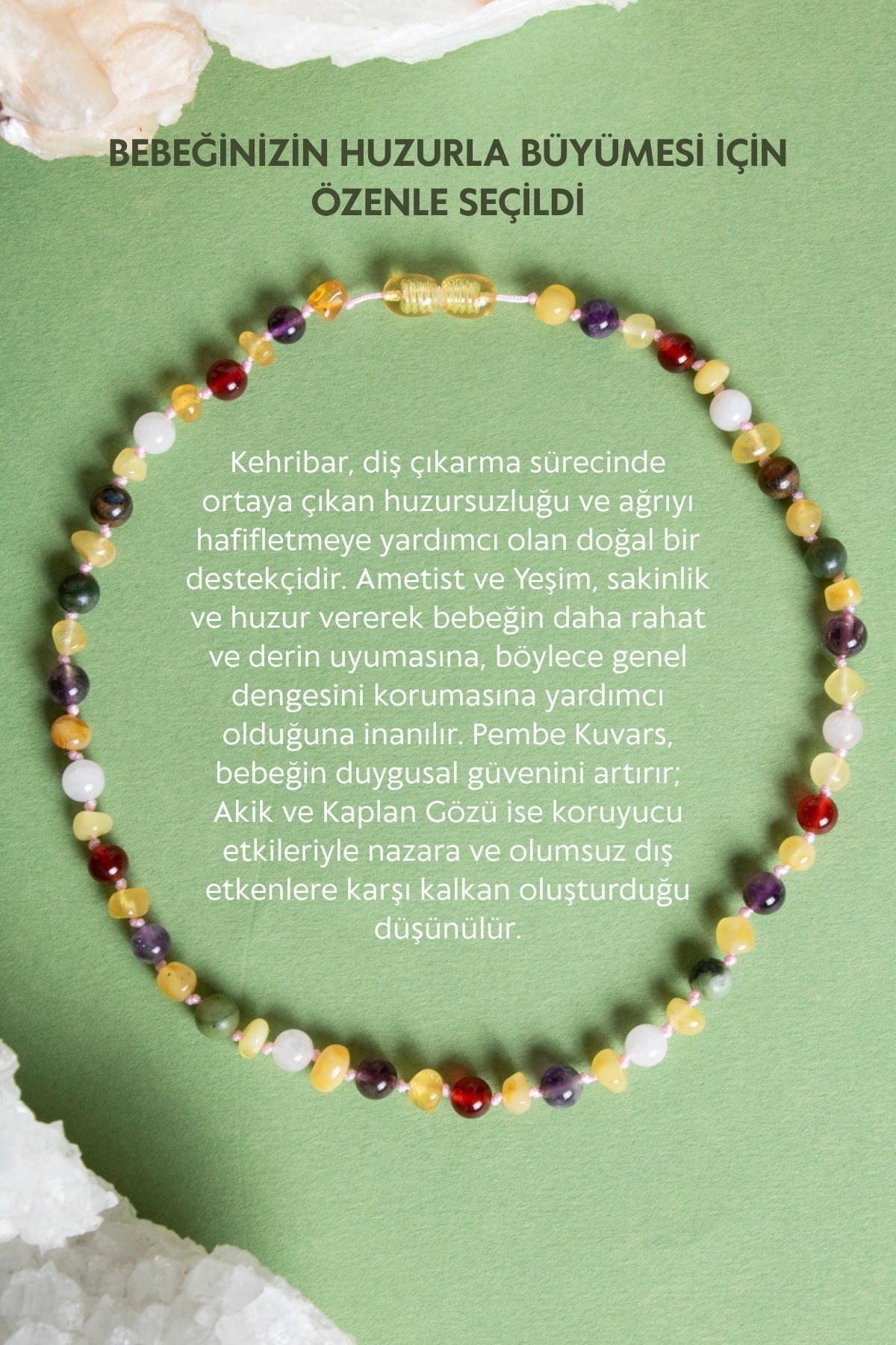 Sertifikalı Doğal Taş Bebek Kolye - Kehribar, Yeşim, Kaplan Gözü, Ametist, Pembe Kuvars, Akik