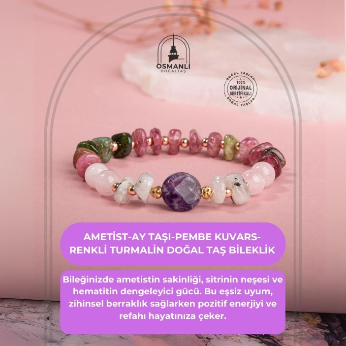 Ametist-Ay Taşı-Pembe Kuvars-Renkli Turmalin Doğal Taş Bileklik