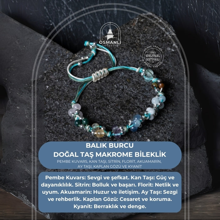Sertifikalı Doğal Taş Makrome Bileklik-Balık Burcu