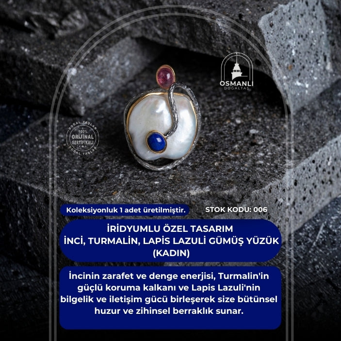 Sertifikalı İridyumlu İnci, Turmalin, Lapis Lazuli Özel Tasarım Gümüş Yüzük (Kadın) (SK:006)