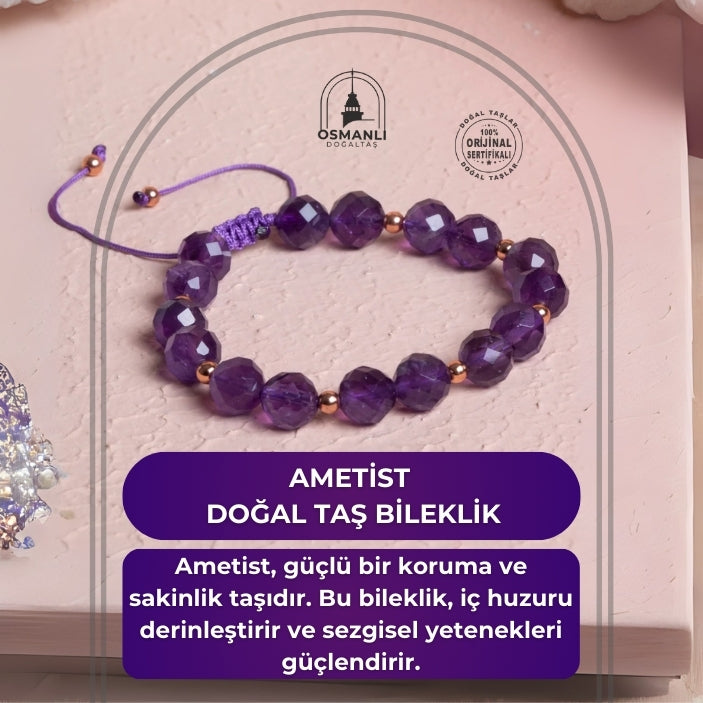 Sertifikalı Ametist Fasetli Doğal Taş Makrome Bileklik