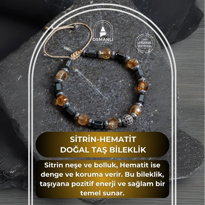 Sertifikalı Sitrin, Hematit Fasetli Doğal Taş Makrome Bileklik