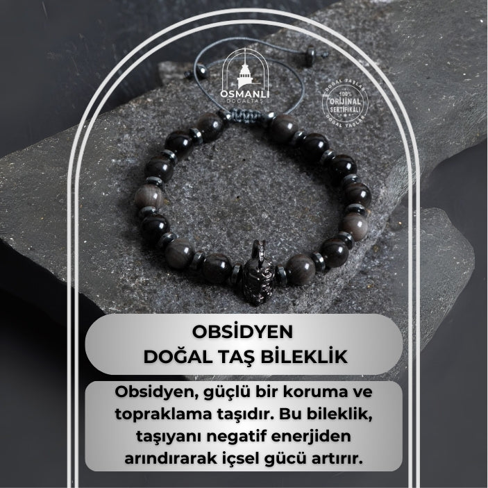 Sertifikalı Obsidyen Doğal Taş Makrome Bileklik