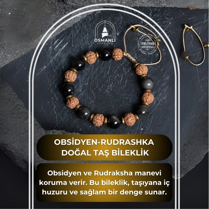 Sertifikalı Obsidyen, Rudrashka Doğal Taş Makrome Bileklik