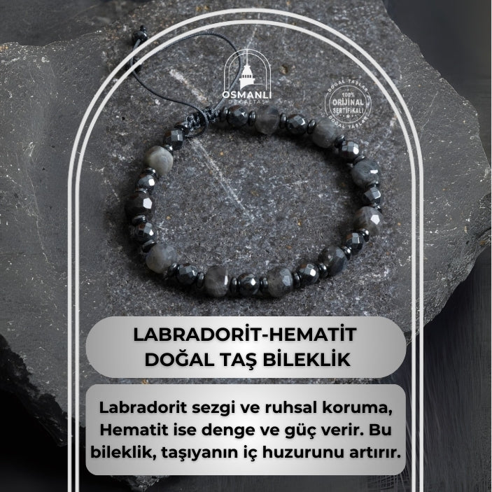 Sertifikalı Labradorit, Hematit Doğal Taş Makrome Bileklik