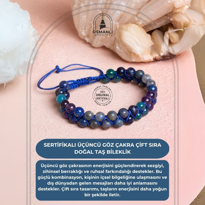 Sertifikalı Üçüncü Göz Çakra Çift Sıra Doğal Taş Makrome Bileklik